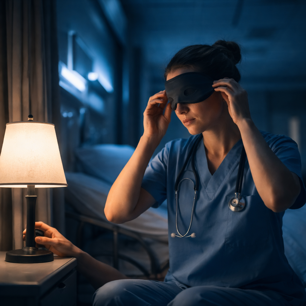 A cinematic, softly lit hospital hallway at night, a weary nurse turning off a bedside lamp and sliding a sleep‑mask onto her face, the scene bathed in gentle blue light, emphasizing a calm bedtime cue. Alt: Implementation intentions for consistent sleep routines in healthcare professionals