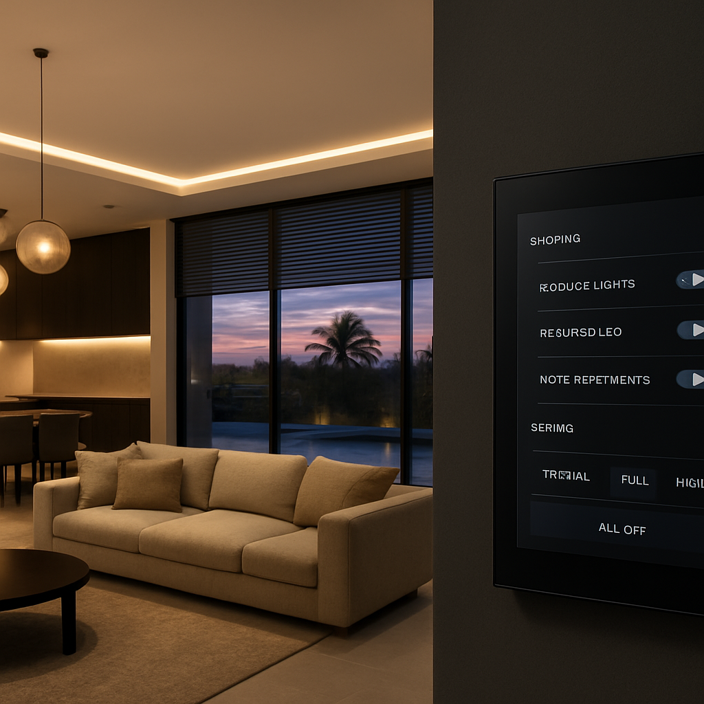 A sleek modern Dubai villa interior at dusk, showing layered lighting zones – pendant lights, recessed LEDs, and motorised blinds – all controlled by a KNX panel. Alt: KNX lighting control system design blueprint for luxury villa.
