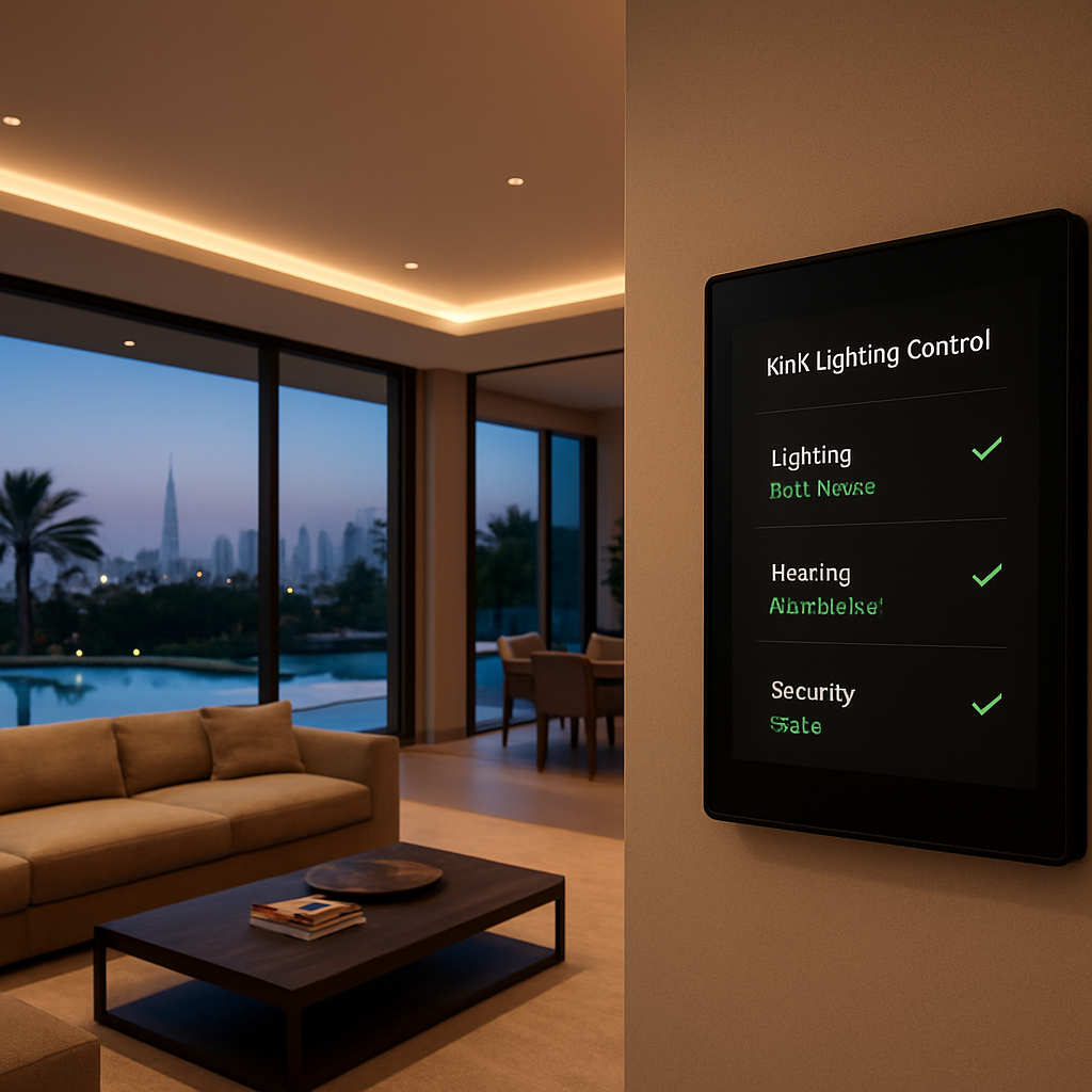 A modern Dubai villa interior at dusk with a smart lighting control panel showing KNX system status. Alt: knx lighting control system optimized and maintained