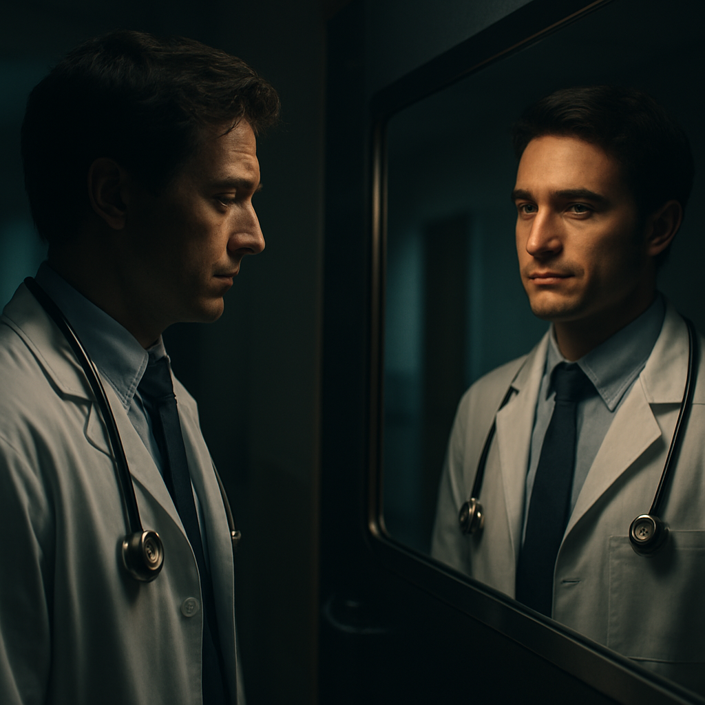 A cinematic, photorealistic scene of a doctor standing alone in a dimly lit hospital corridor, looking at their reflection in a polished stainless‑steel window, the reflection showing a confident version of themselves. The lighting is dramatic with soft rim light, conveying internal conflict and the journey toward self‑recognition. Alt: Doctor recognizing imposter syndrome signs in a hospital setting.