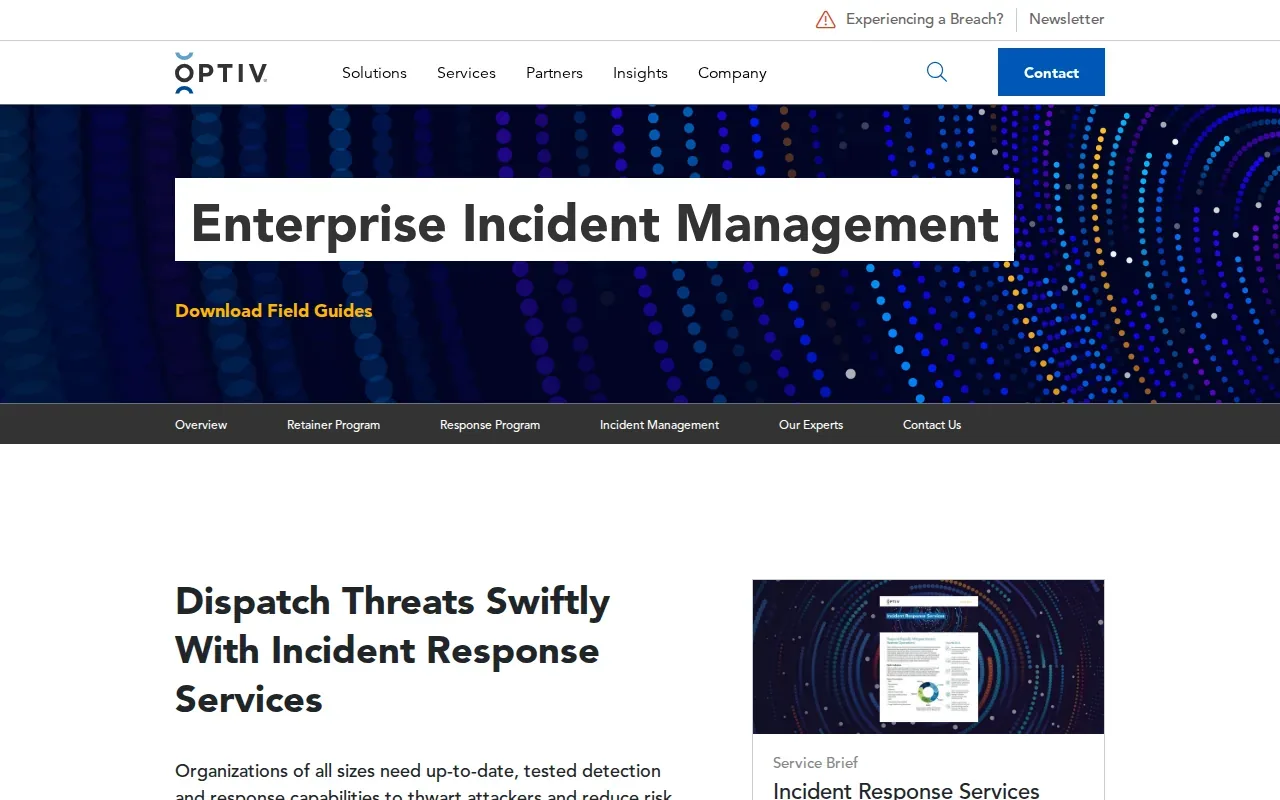 Screenshot of the Incident Response Retainer Service by Optiv website