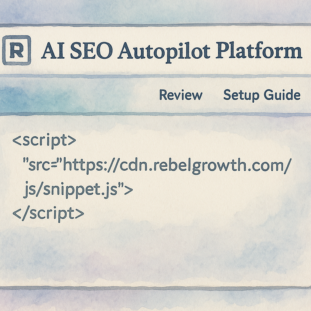 Screenshot of website header with Rebelgrowth JavaScript snippet inserted. Alt: AI SEO autopilot platform review and setup guide code placement image.
