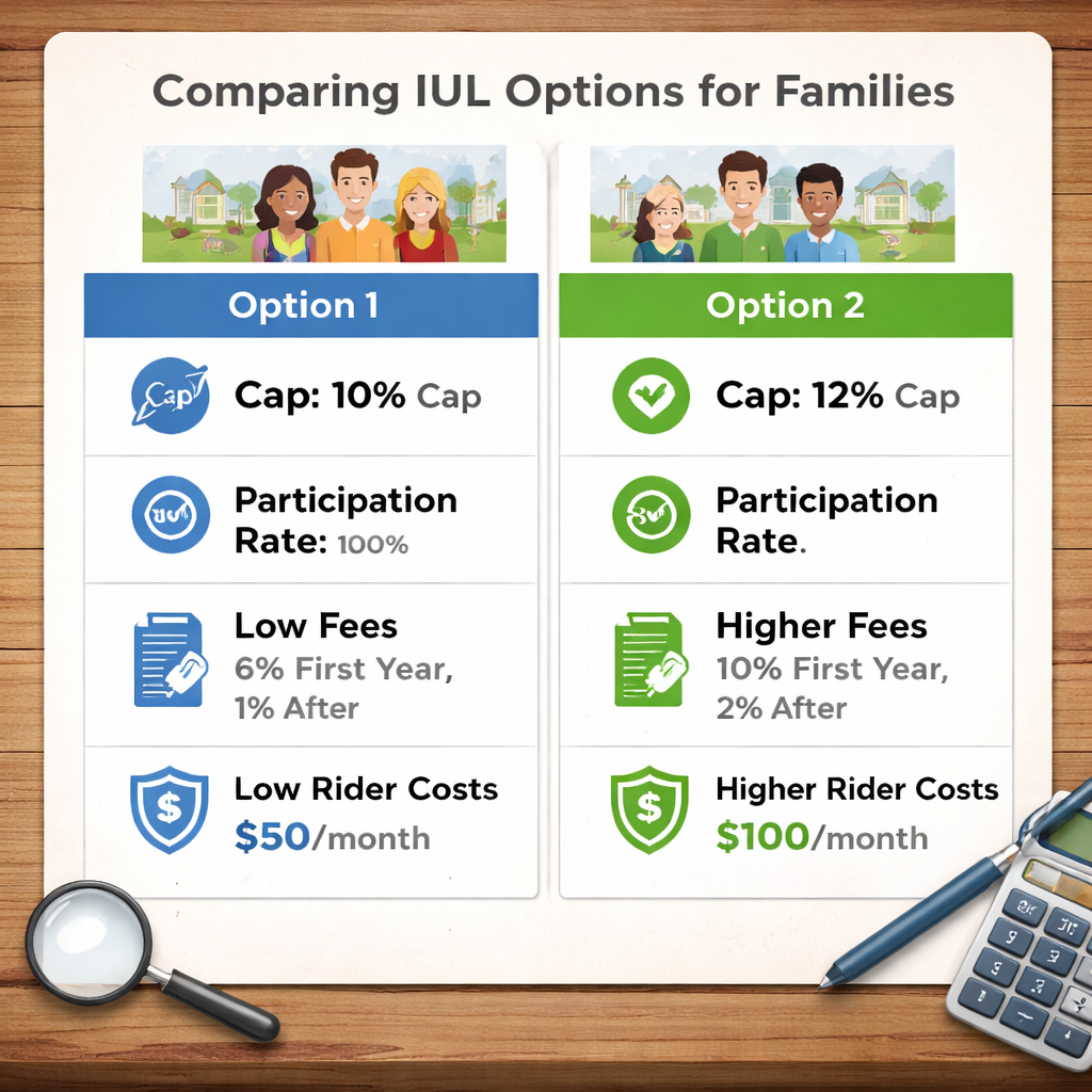 A realistic side‑by‑side chart showing two IUL policy options with caps, participation rates, fees, and rider costs, Alt: comparison of IUL options for families