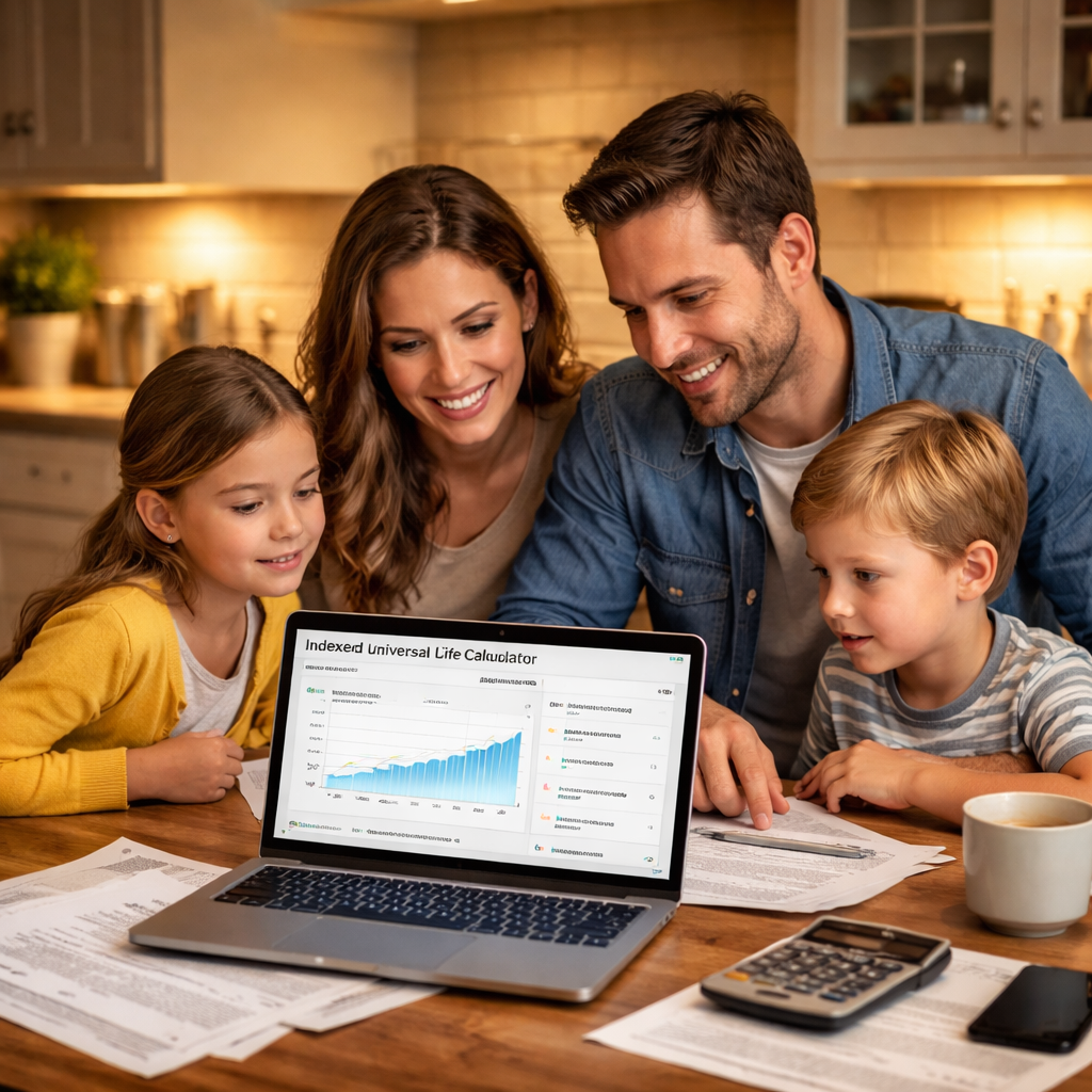 A photorealistic image of a family sitting at a kitchen table with a laptop open to an indexed universal life calculator, mortgage statements and retirement plan papers spread out, warm home lighting. Alt: family using indexed universal life calculator for financial planning.
