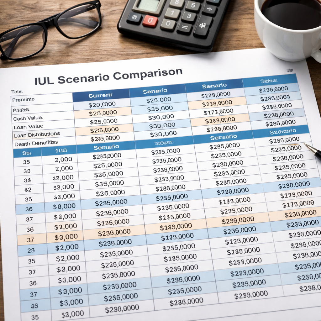 A realistic illustration of a spreadsheet with multiple IUL scenario columns, Alt: indexed universal life cash value calculator scenario comparison