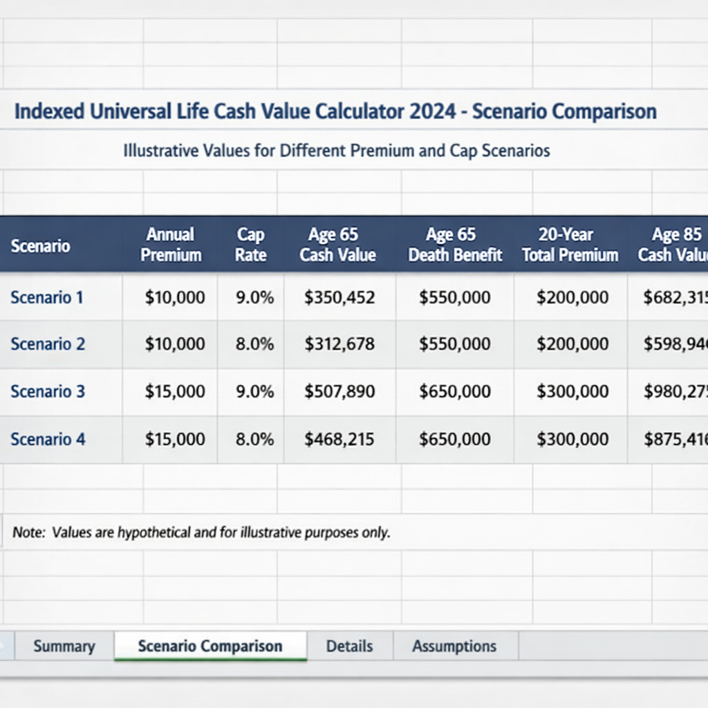 A realistic spreadsheet view showing a quick‑look table comparing different IUL premium and cap scenarios. Alt: indexed universal life cash value calculator 2024 scenario comparison