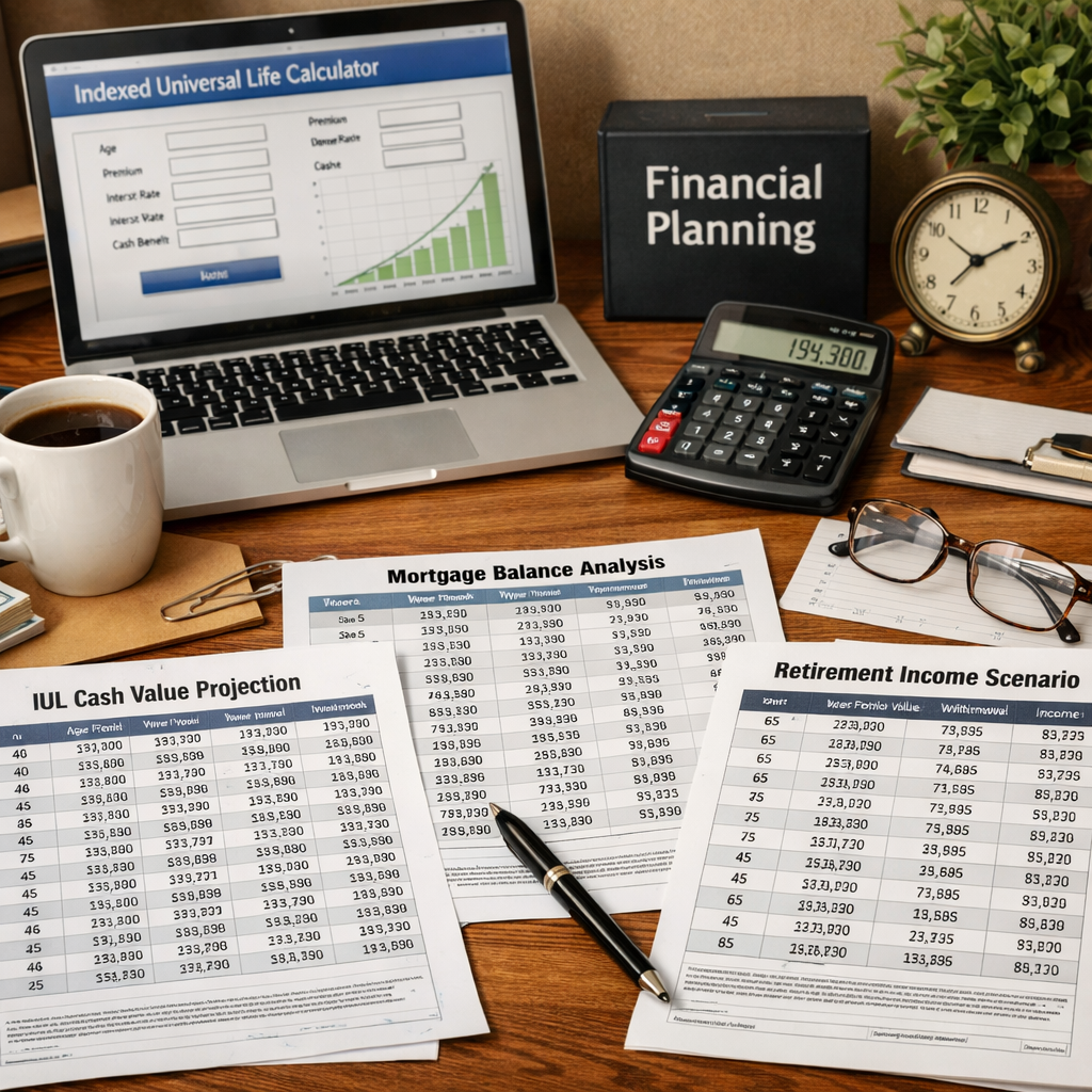 A realistic illustration of a financial planner&rsquo;s desk with spreadsheets showing IUL cash value projections, mortgage balance, and retirement income scenarios. Alt: indexed universal life cash value calculator free financial plan