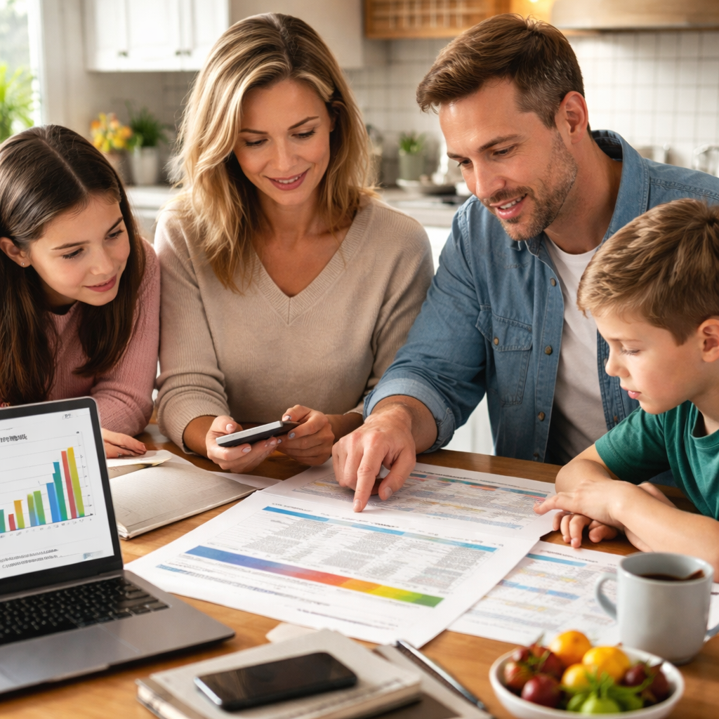 A realistic scene of a family gathered around a kitchen table, reviewing a spreadsheet with financial goals and protection numbers. Alt: family financial planning for indexed universal life cash value growth