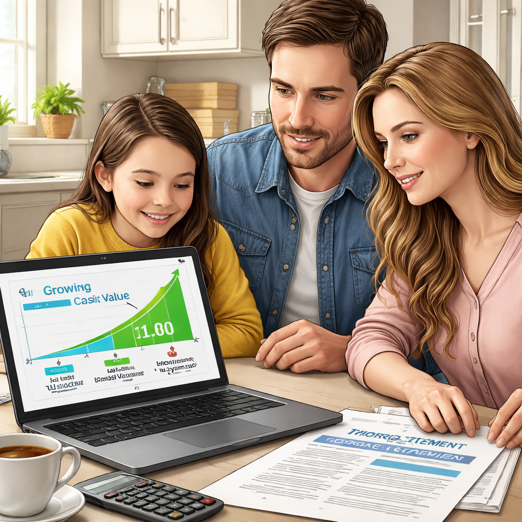 A realistic illustration of a family reviewing a mortgage statement and an IUL illustration on a laptop, showing cash value being used for mortgage payment. Alt: mortgage protection with indexed universal life cash value growth