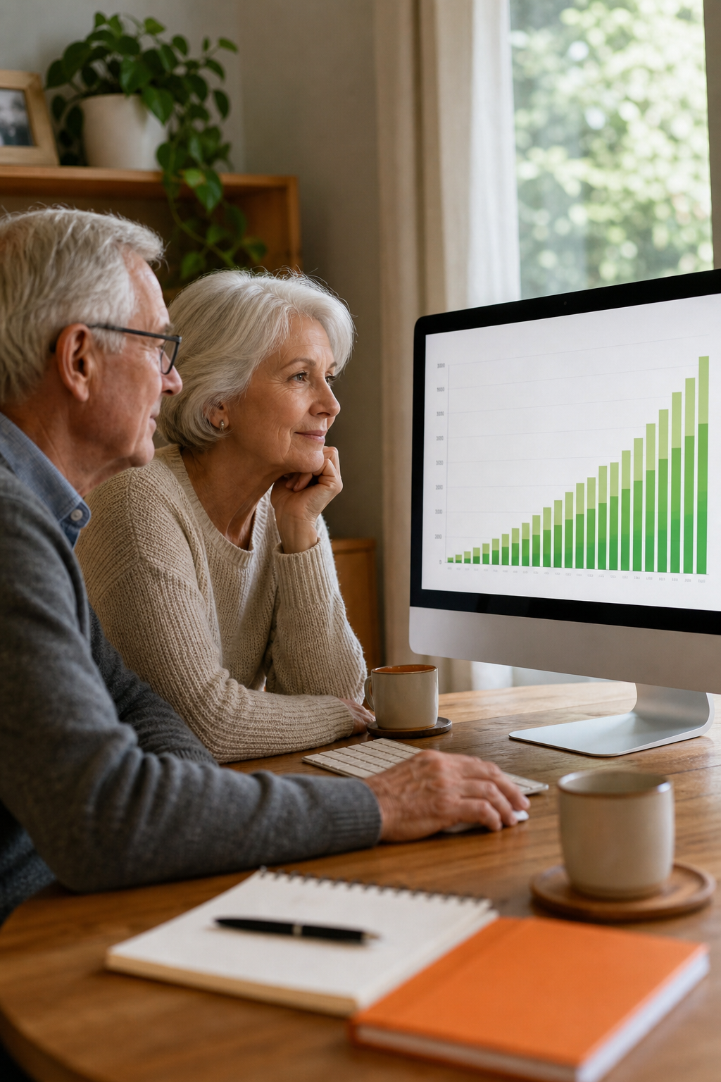A retirement couple looking at a computer screen with a cash value projection chart showing rising green bars. Alt: Couple reviewing IUL cash value projections for retirement planning