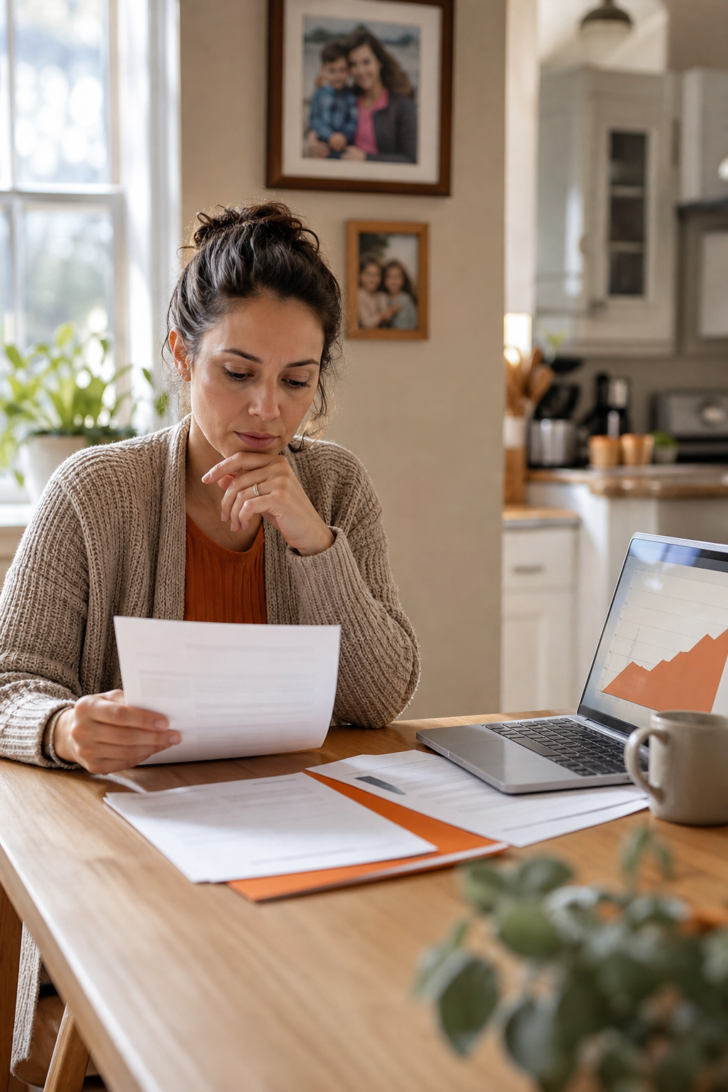 A photorealistic scene of a single parent sitting at a kitchen table reviewing insurance documents, with a laptop open showing a financial chart, warm natural light, family photos visible in the background. Alt: single parent reviewing indexed universal life insurance policy documents at home.