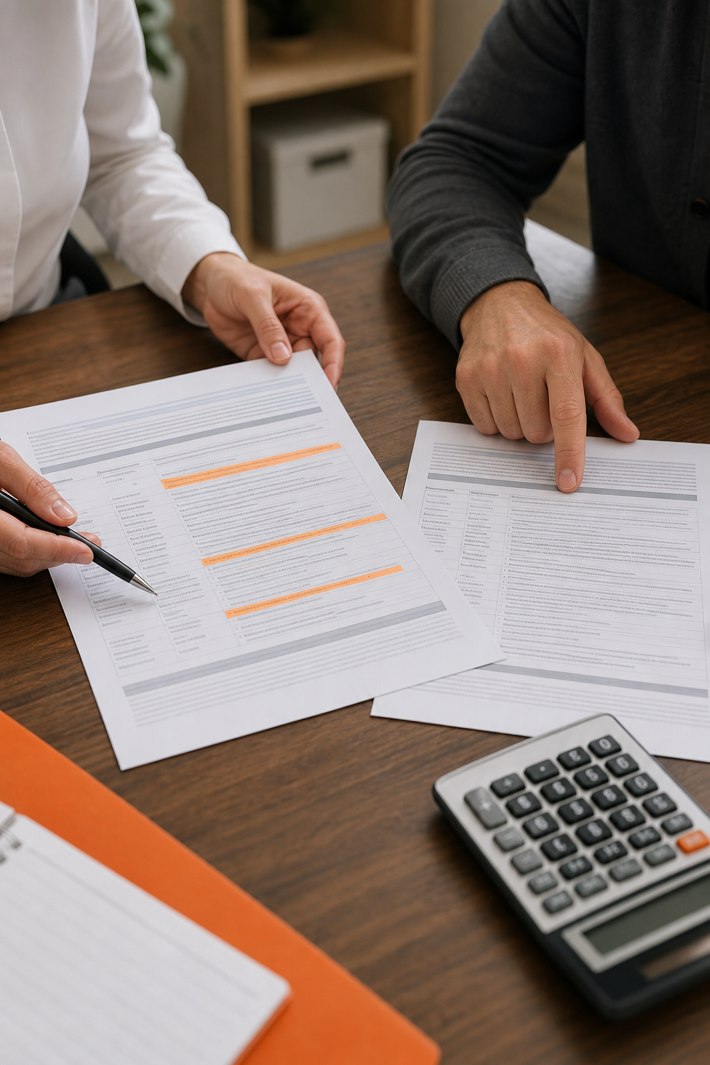 A close-up of two people comparing printed insurance policy documents side by side on a desk, with a pen and calculator nearby, realistic office lighting, one document showing highlighted sections. Alt: comparing indexed universal life insurance policy features side by side.