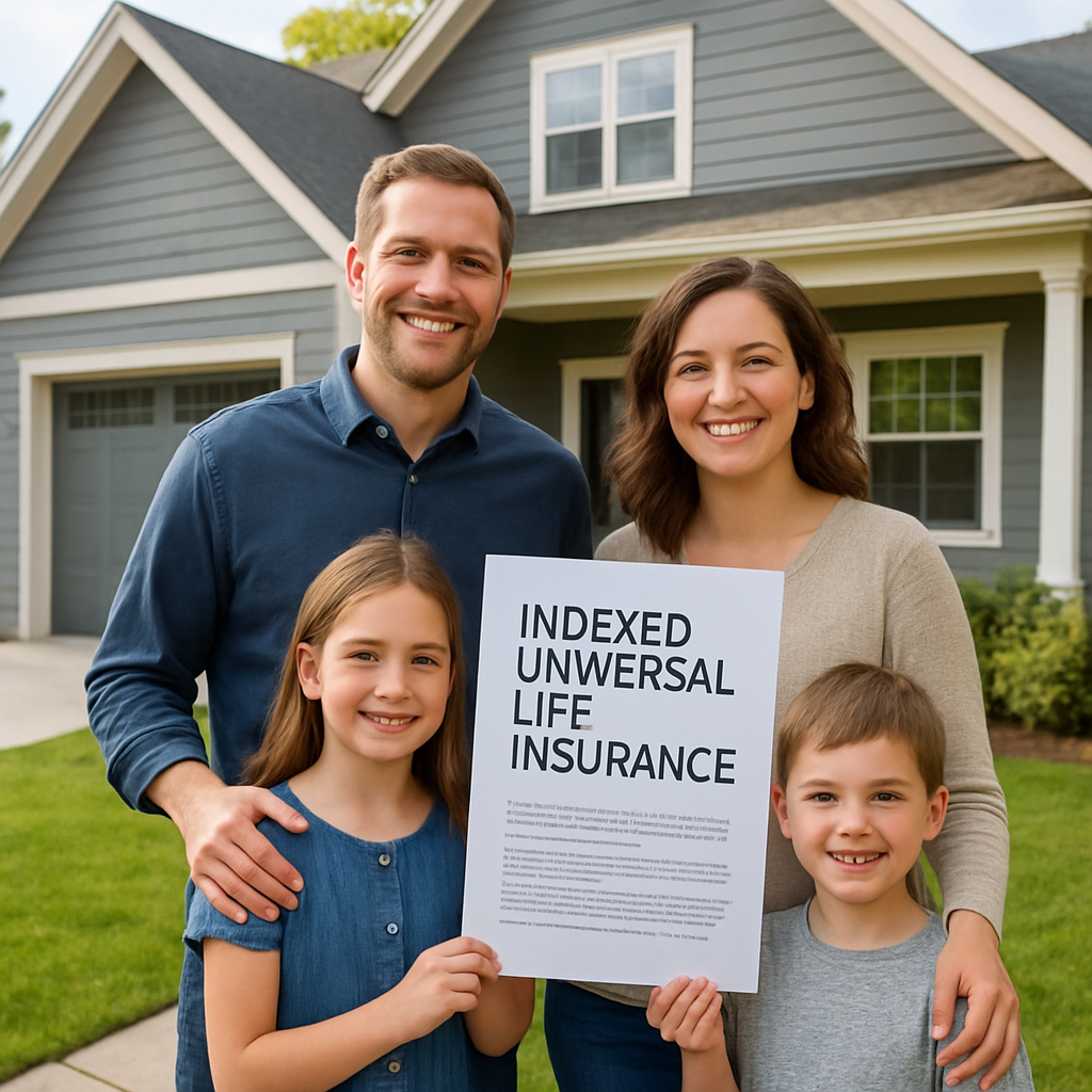 A happy family standing in front of their newly renovated home, holding a life insurance policy document. Alt: Indexed universal life insurance for homeowners protecting mortgage and family future.