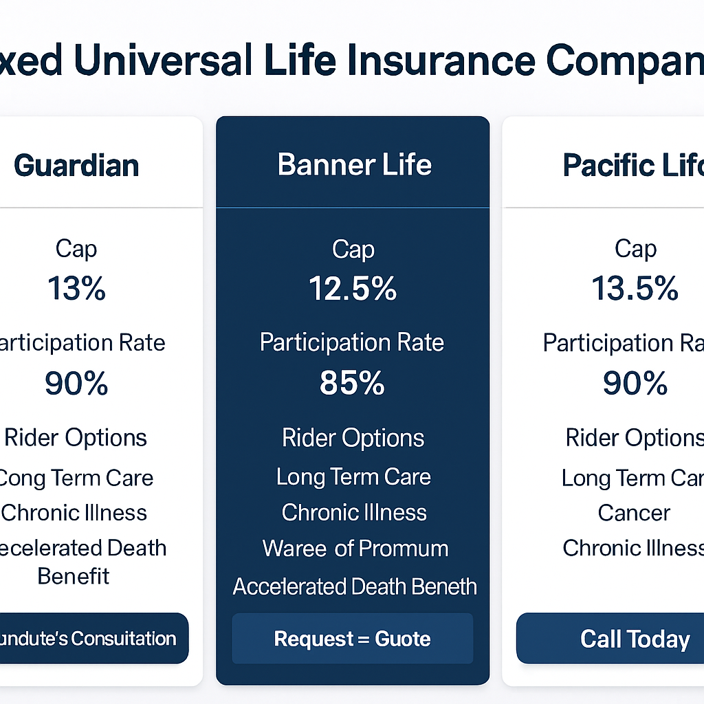 A side‑by‑side comparison of three IUL carrier dashboards, showing caps, participation rates, and rider options. Alt: indexed universal life insurance companies comparison table