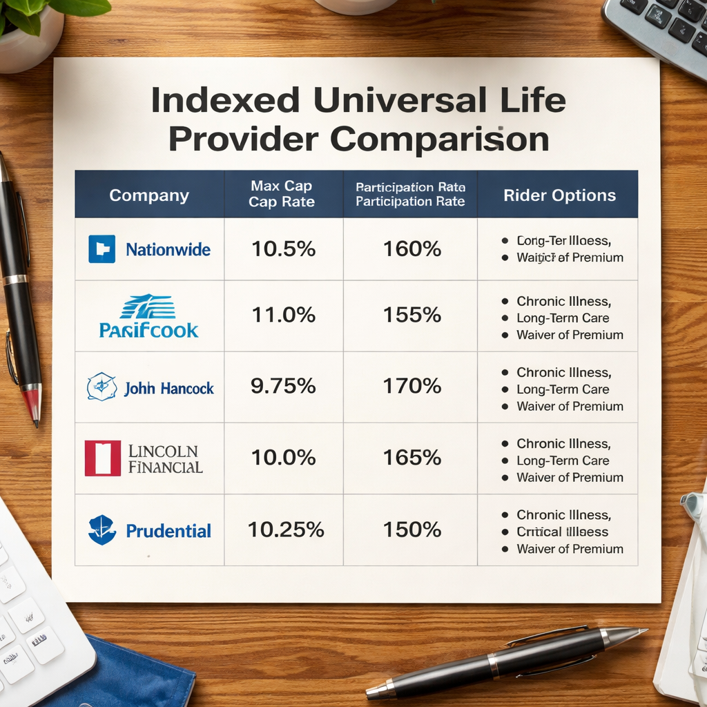 A realistic chart showing side‑by‑side comparison of IUL providers, caps, participation rates, and rider options. Alt: indexed universal life provider comparison
