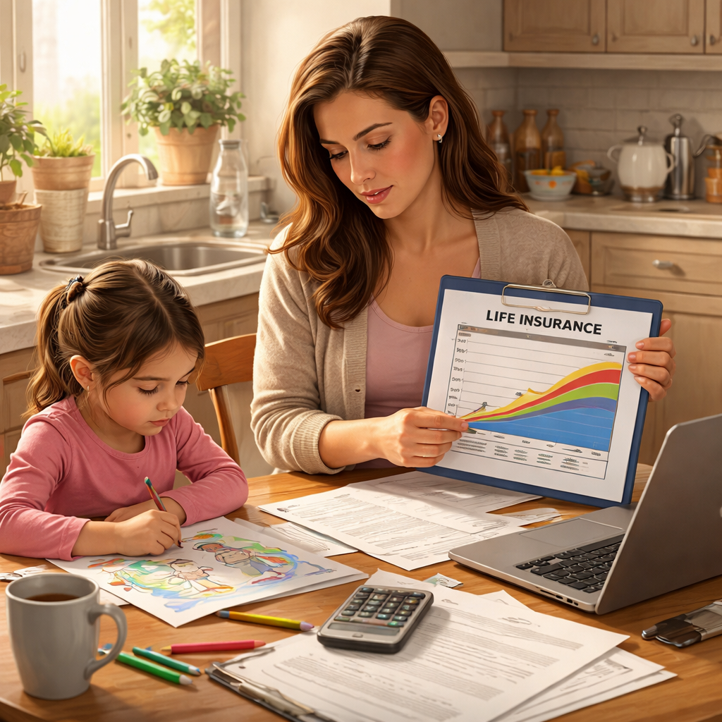 A realistic illustration of a single mother reviewing a life‑insurance chart on a kitchen table, with a laptop, papers, and a child drawing nearby. Alt: indexed universal life insurance planning for single mothers
