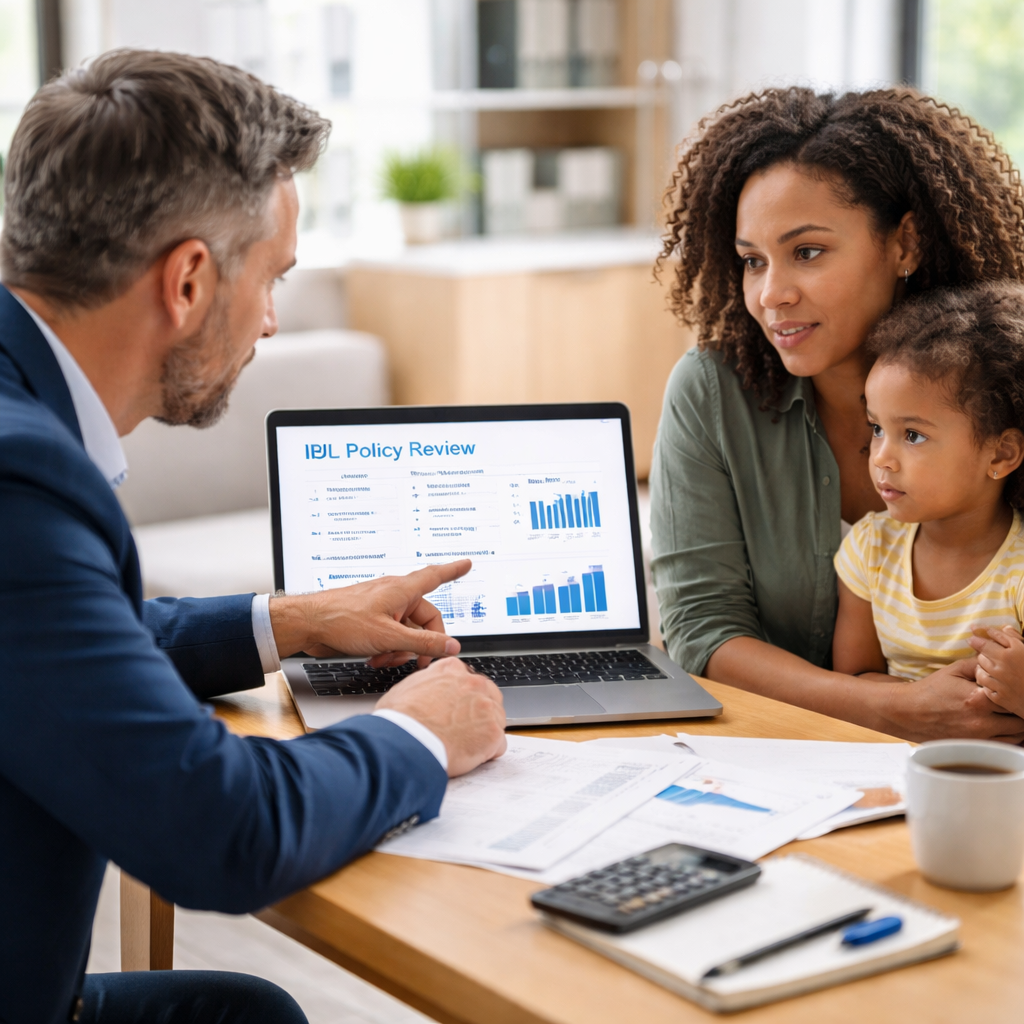 A realistic scene of a single parent meeting with a financial advisor, reviewing an IUL statement on a laptop. Alt: annual IUL policy review for single parents