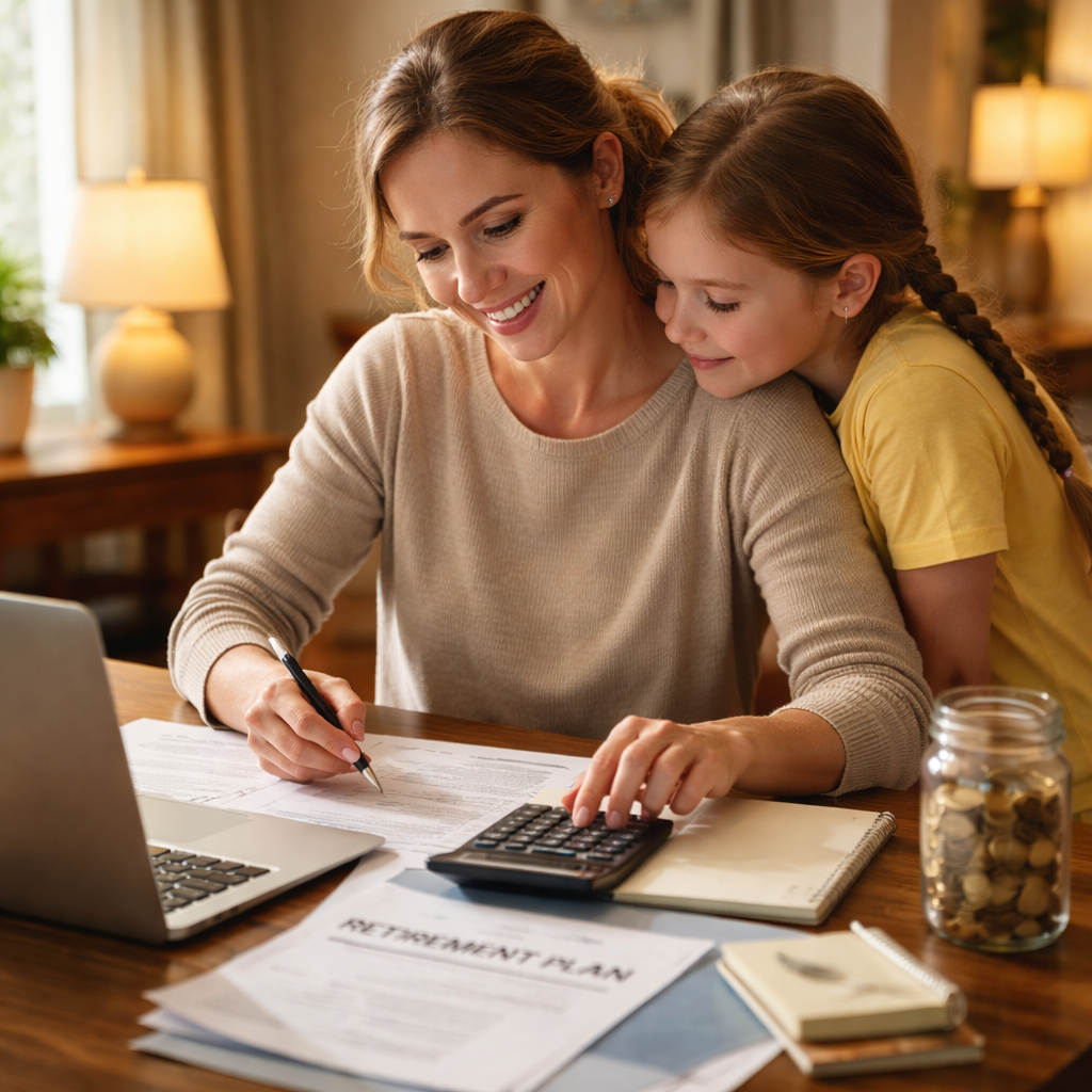 A photorealistic scene of a single parent planning retirement with a child. The parent sits at a desk with a laptop, papers, and a calculator; warm light fills the room. Alt: single parent planning retirement with child