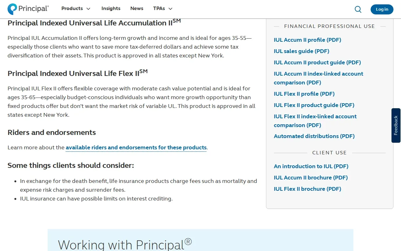 Screenshot of the Principal Indexed Universal Life Flex II website