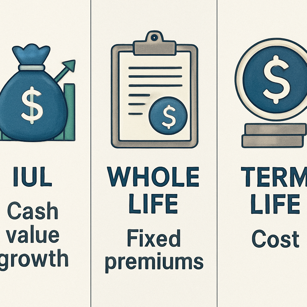 A split-screen illustration showing three policy types – IUL, whole life, and term life – with icons for cash value growth, fixed premiums, and cost, respectively. Alt: Comparison of indexed universal life, whole life, and term life insurance policies.