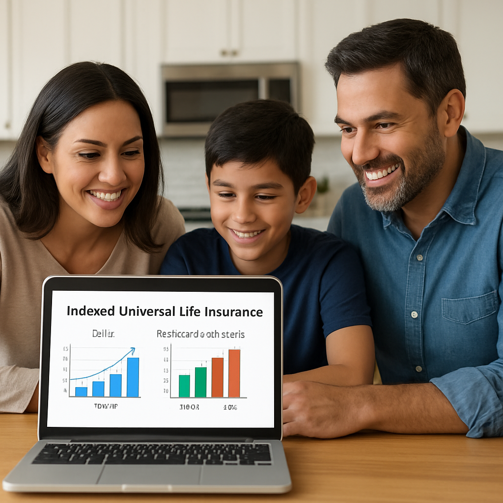 A family at a kitchen table reviewing an IUL illustration on a laptop, showing charts of caps, participation rates, and fees. Alt: indexed universal life insurance rates illustration with caps and fees highlighted.