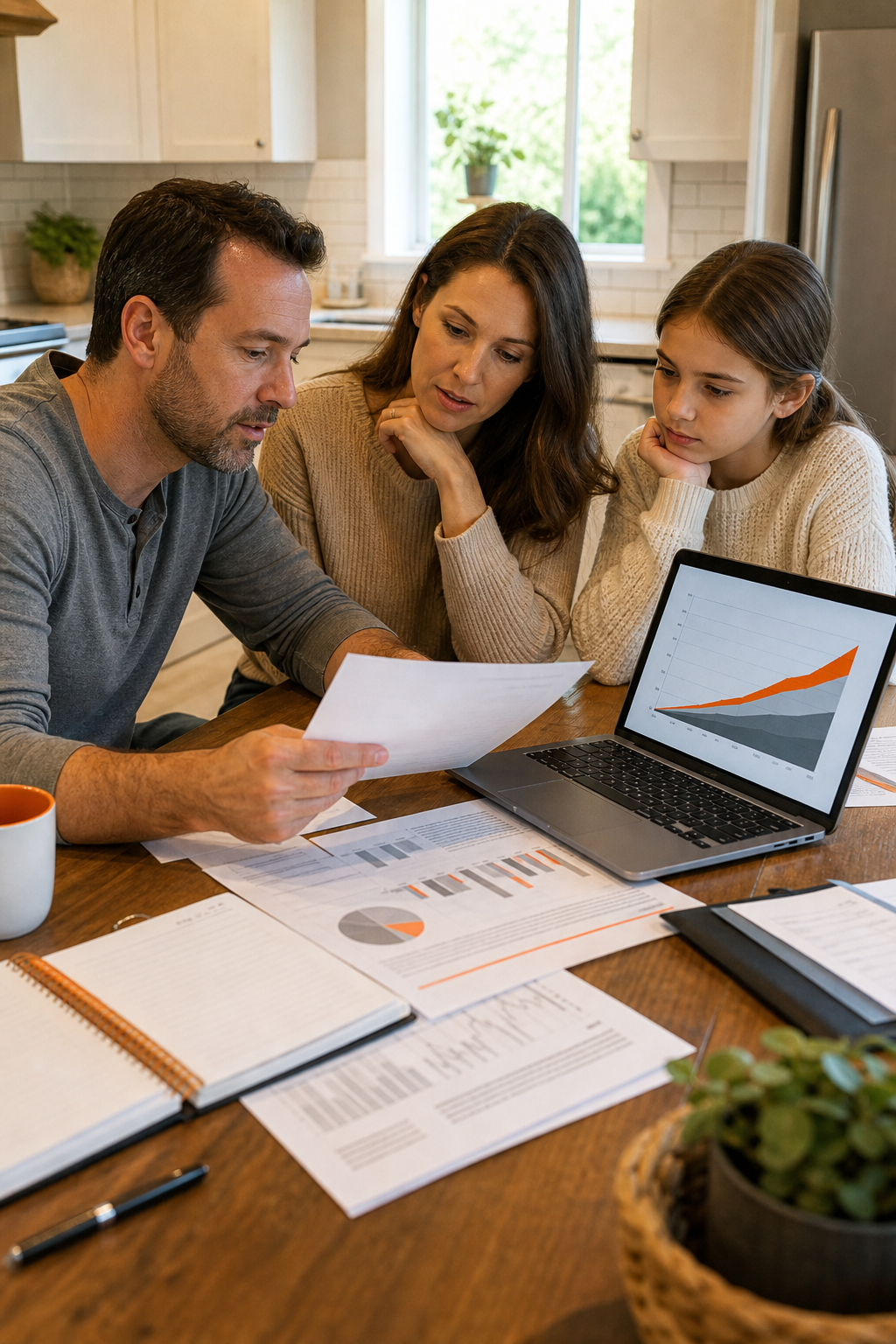 A realistic illustration of a family reviewing an IUL policy document at a kitchen table, with charts and a laptop showing growth projections. Alt: indexed universal life insurance calculator illustration