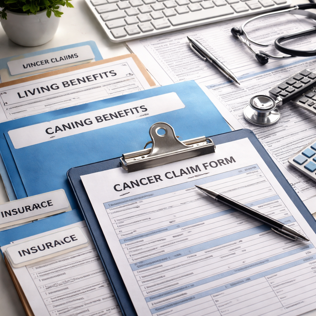 A photorealistic close-up of organized medical documents, insurance forms, and a computer keyboard on a clean desk, representing the claims filing process for cancer patients. Alt: filing indexed universal life living benefits for cancer patients claims documentation