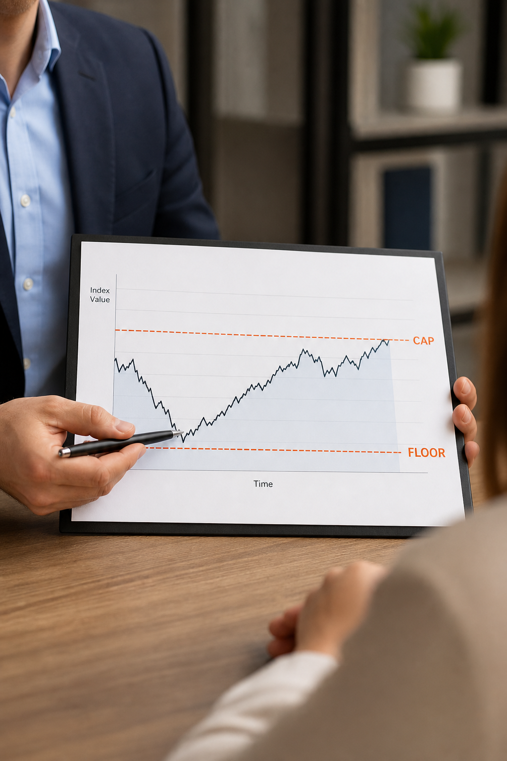A close-up of a financial advisor pointing to a graph showing stock market index performance with caps and floors labeled. Alt: Indexed universal life cap and floor chart