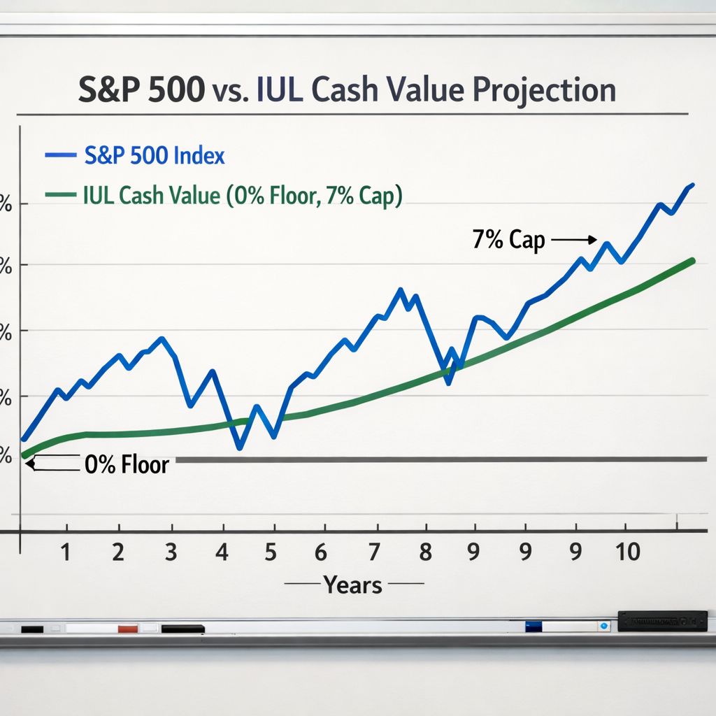 A realistic chart showing two line graphs , one for S&P 500 performance and one for an IUL cash‑value projection with a 0% floor and 7% cap. Alt: teacher IUL index comparison chart