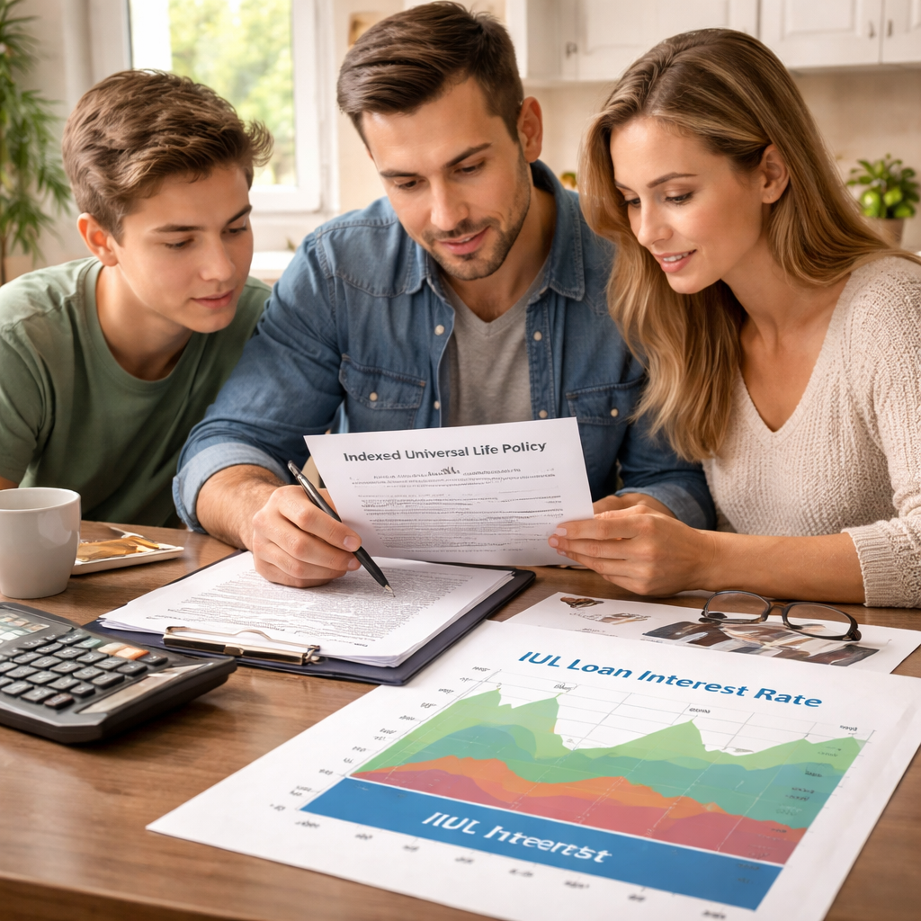 A photorealistic scene of a family at a kitchen table reviewing an indexed universal life policy document, with a calculator and a chart showing a low interest floor, illustrating the concept of an IUL loan interest rate. Alt: indexed universal life policy loan interest rate illustration