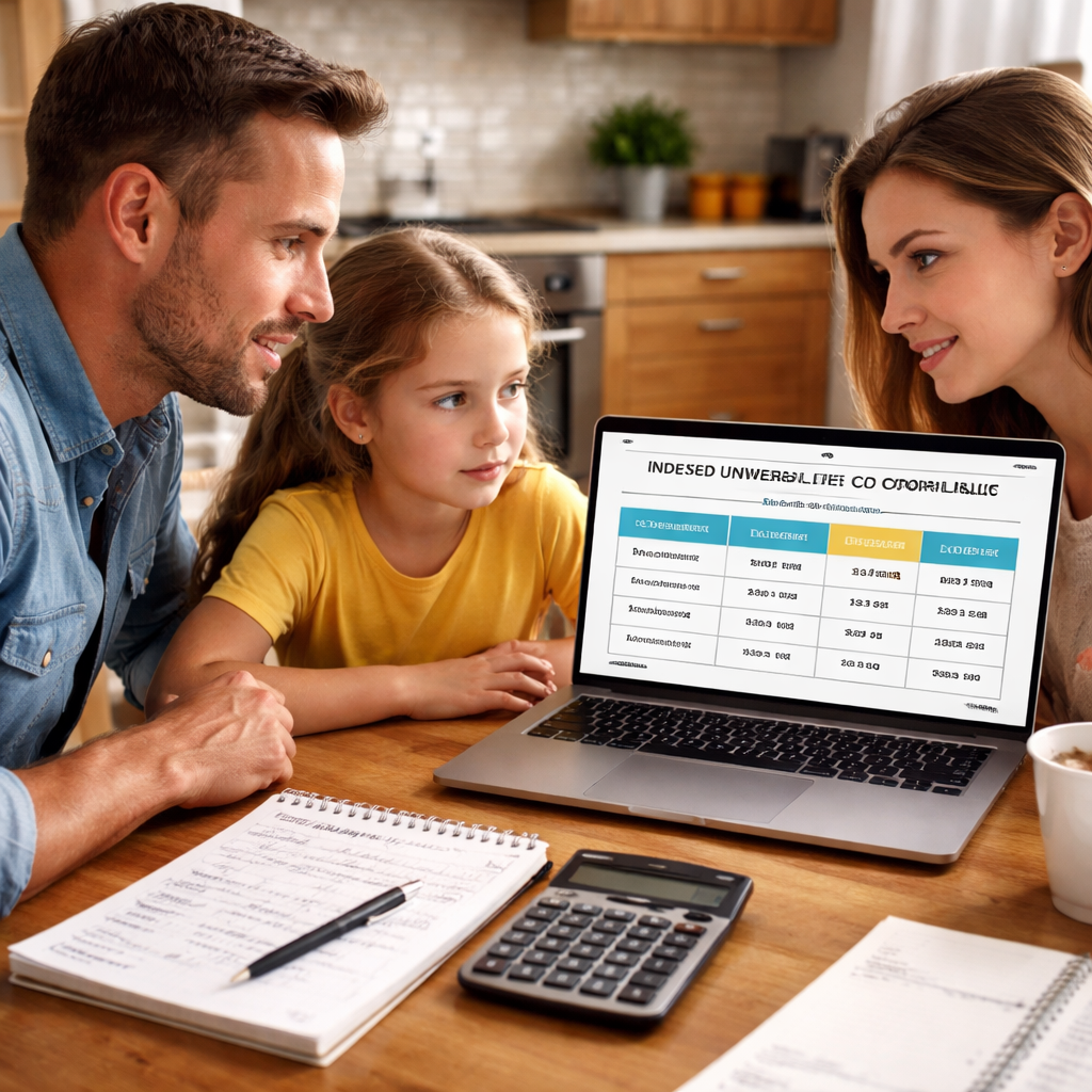 A photorealistic scene of a family at a kitchen table with a laptop open to an insurance carrier’s rate table, a calculator, and a notebook showing loan interest calculations. Alt: indexed universal life policy loan interest rate comparison chart.