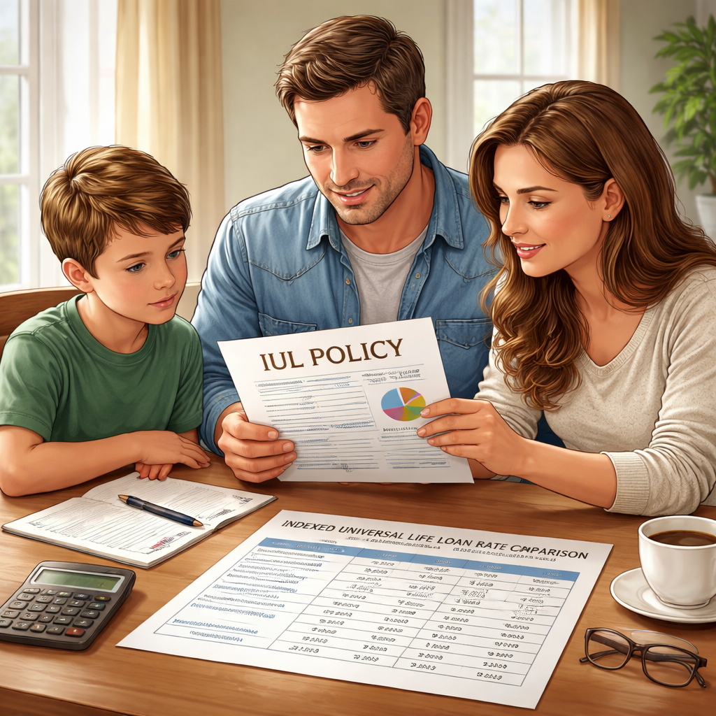 A realistic illustration of a family reviewing an IUL policy document with a calculator and loan rate table, Alt: indexed universal life loan interest rate comparison chart