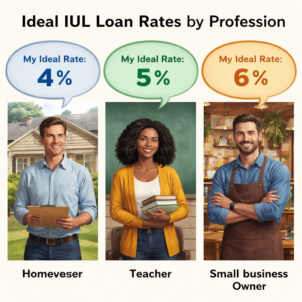 A realistic chart showing three personas , a homeowner, a teacher, and a small business owner , each with a bubble describing their ideal IUL loan rate, Alt: indexed universal life loan rate comparison for different professions