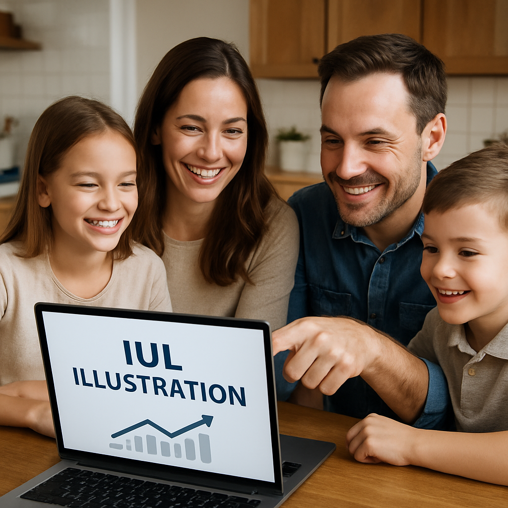 A family gathered around a kitchen table reviewing an IUL illustration on a laptop, smiling and pointing at the screen. Alt: Family reviewing Indexed Universal Life policy illustration for financial planning