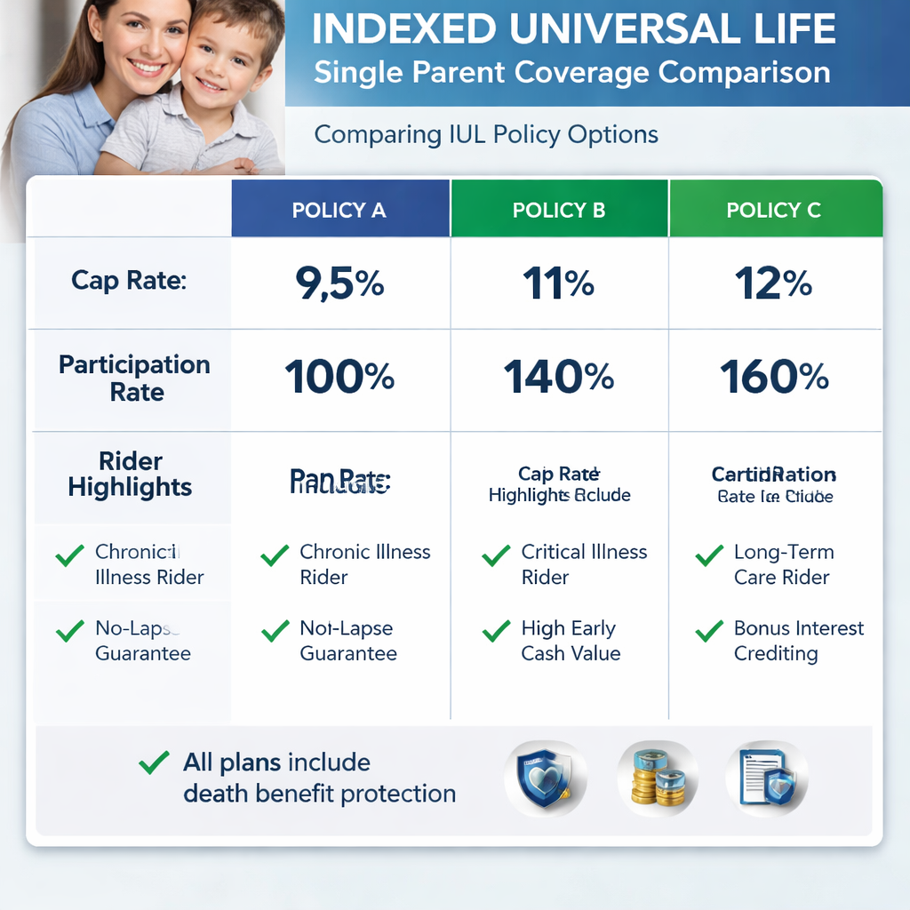 A realistic side‑by‑side chart showing three IUL policy options with caps, participation rates, and rider highlights. Alt: indexed universal life single parent coverage comparison chart