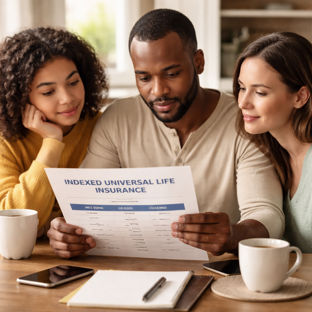 A realistic photo of a family sitting at a kitchen table reviewing an indexed universal life insurance policy document that shows a long‑term care rider table, soft natural lighting, diverse family, calm atmosphere. Alt: indexed universal life with long term care rider benefits illustration