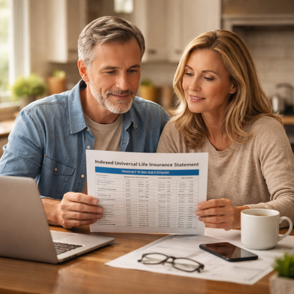 A photorealistic scene of a middle‑aged couple reviewing an indexed universal life insurance statement with a long‑term care rider table, sitting at a kitchen table with a laptop, soft natural lighting, showing calm confidence. Alt: indexed universal life with long term care rider benefits illustration