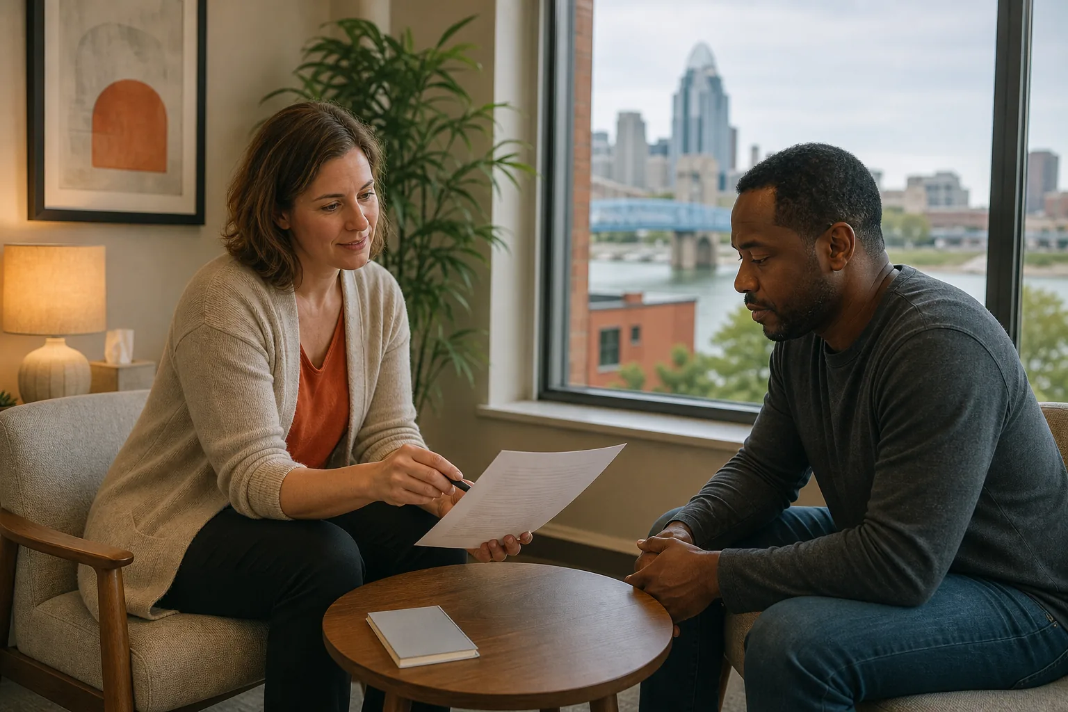 Adult and counselor discussing individual counseling fees in a Cincinnati office.