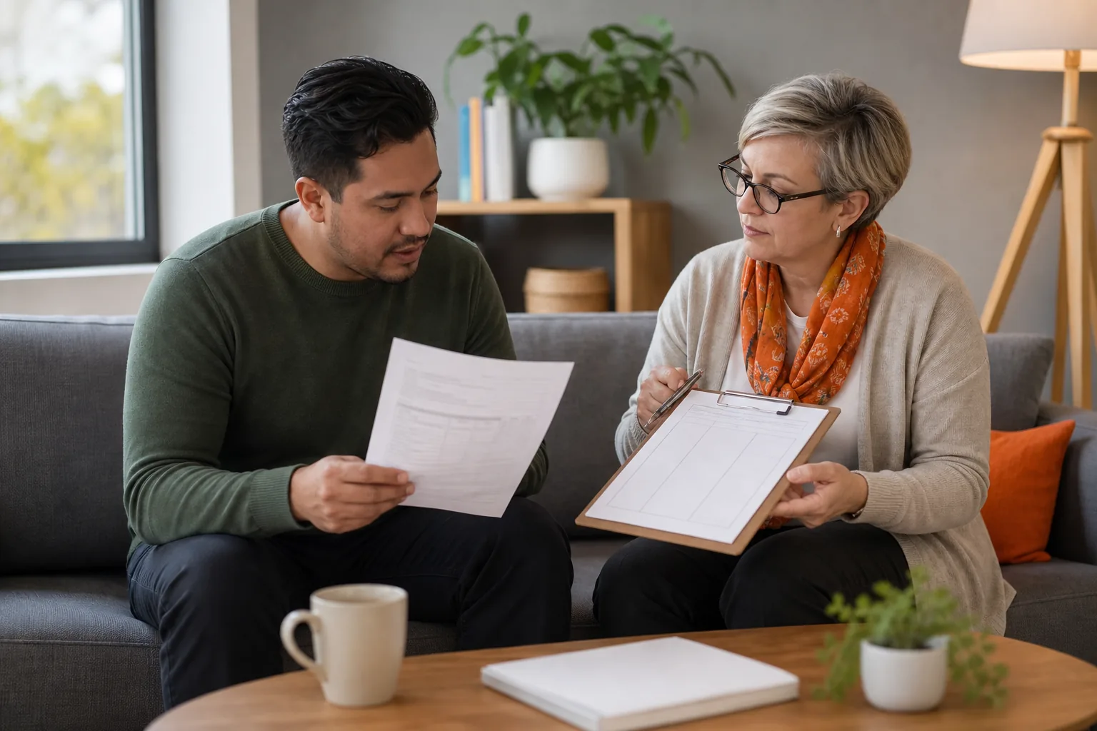 Client and counselor reviewing insurance and sliding-scale payment options.