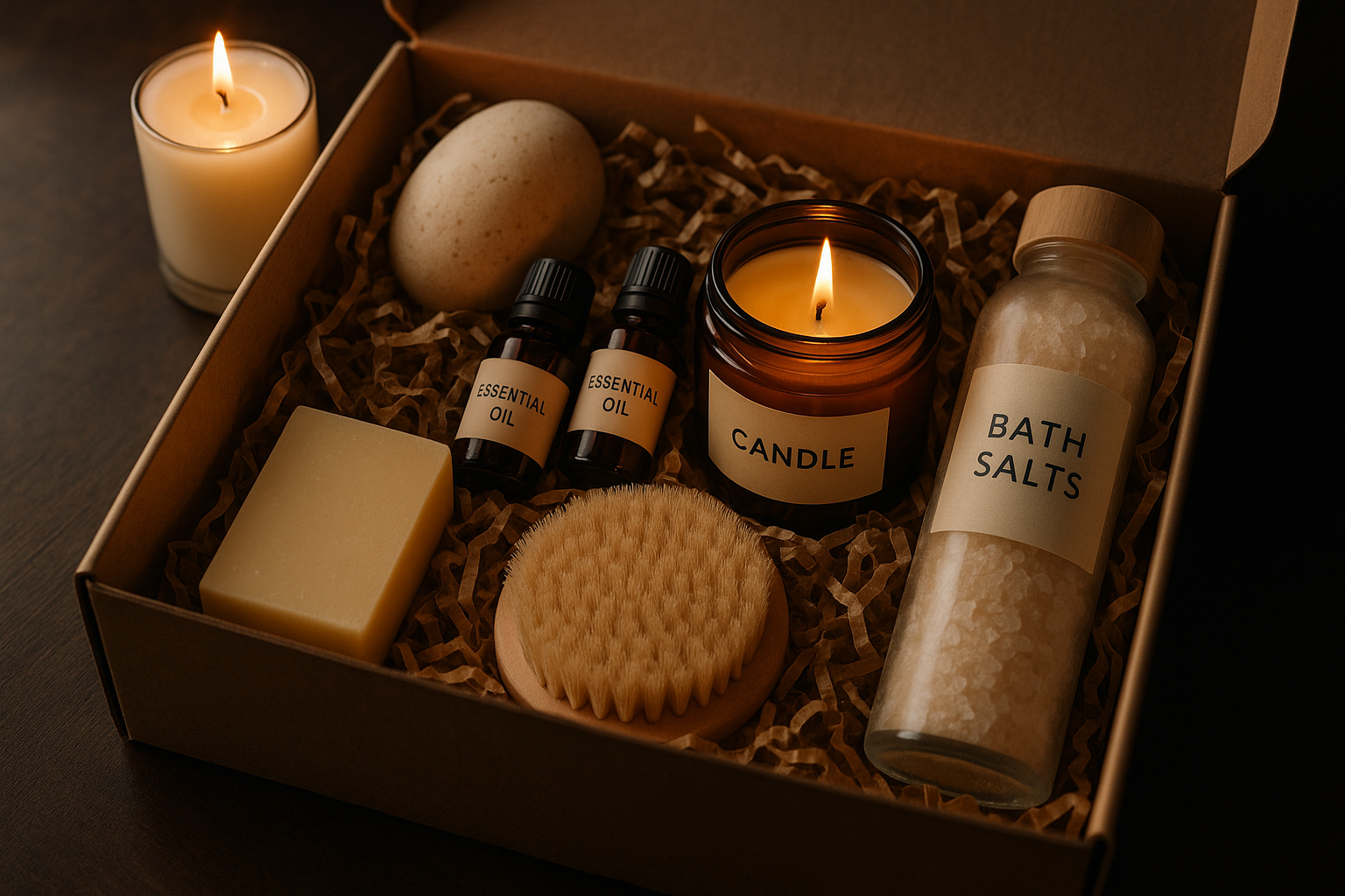 A luxurious wellness gift box filled with essential oils, candles, and bath products. Alt: Luxury wellness gift box ideas UK