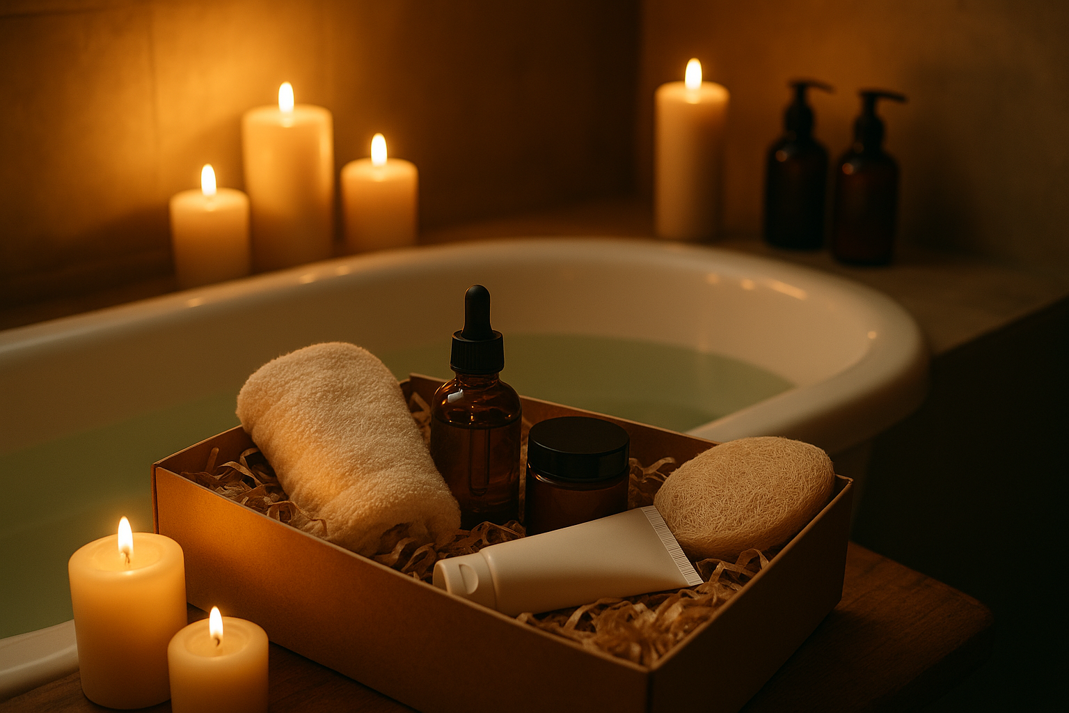 An inviting bath setup with candles and skincare products. Alt: Wellness gift box for relaxation and self-care