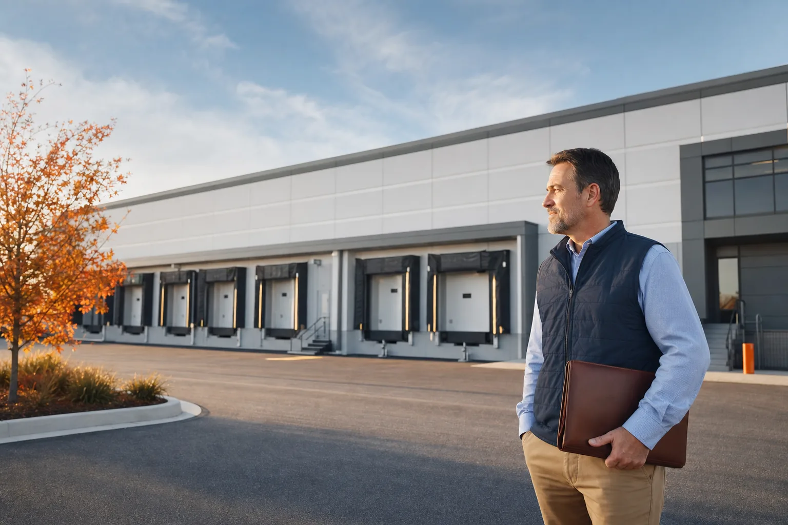 Industrial building sale preparation with a warehouse owner reviewing a well-kept property.