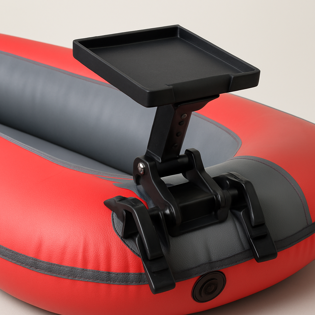 A close‑up of an inflatable kayak with a trolling motor mount attached, showing the quick‑release clamps and adjustable tilt. Alt: inflatable kayak trolling motor mount installation guide.