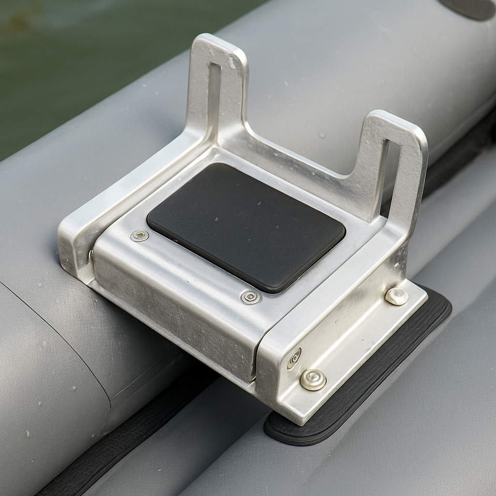 A close‑up of a clean inflatable kayak trolling motor mount after being rinsed, showing rust‑free marine aluminum brackets and a dry rubber seal. Alt: inflatable kayak trolling motor mount maintenance cleaning.