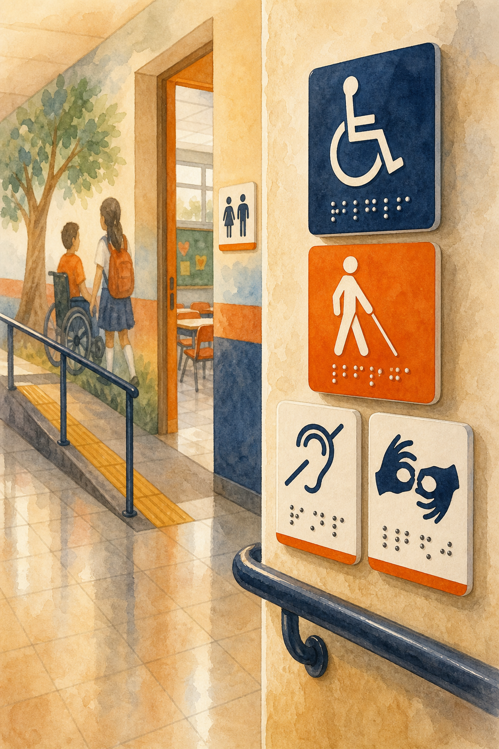 Watercolor illustration of a school hallway with accessible signage including Braille and high contrast pictograms, warm colors. Alt: Marco normativo señalización accesible escuelas México