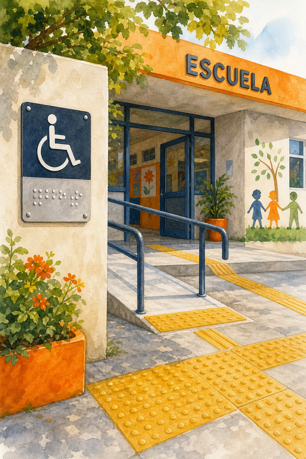 Watercolor illustration of a school entrance with tactile signage, Braille sign, and podotactile tiles, bright colors. Alt: Productos señalización accesible escuelas México
