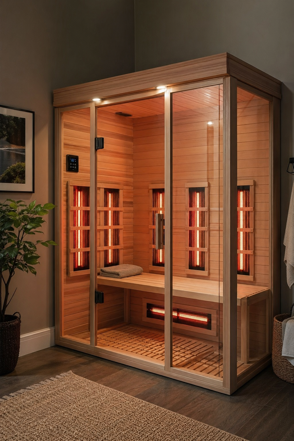 A photorealistic shot of a modern infrared sauna cabin inside a home, with wooden interior and soft lighting. Alt: modern infrared sauna cabin at home interior setup