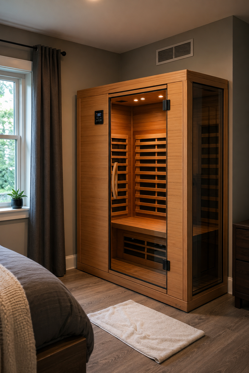 A photorealistic image of a sauna placed in a corner of a bedroom, with a window nearby and a towel on the floor. Alt: infrared sauna installation in home bedroom corner with ventilation
