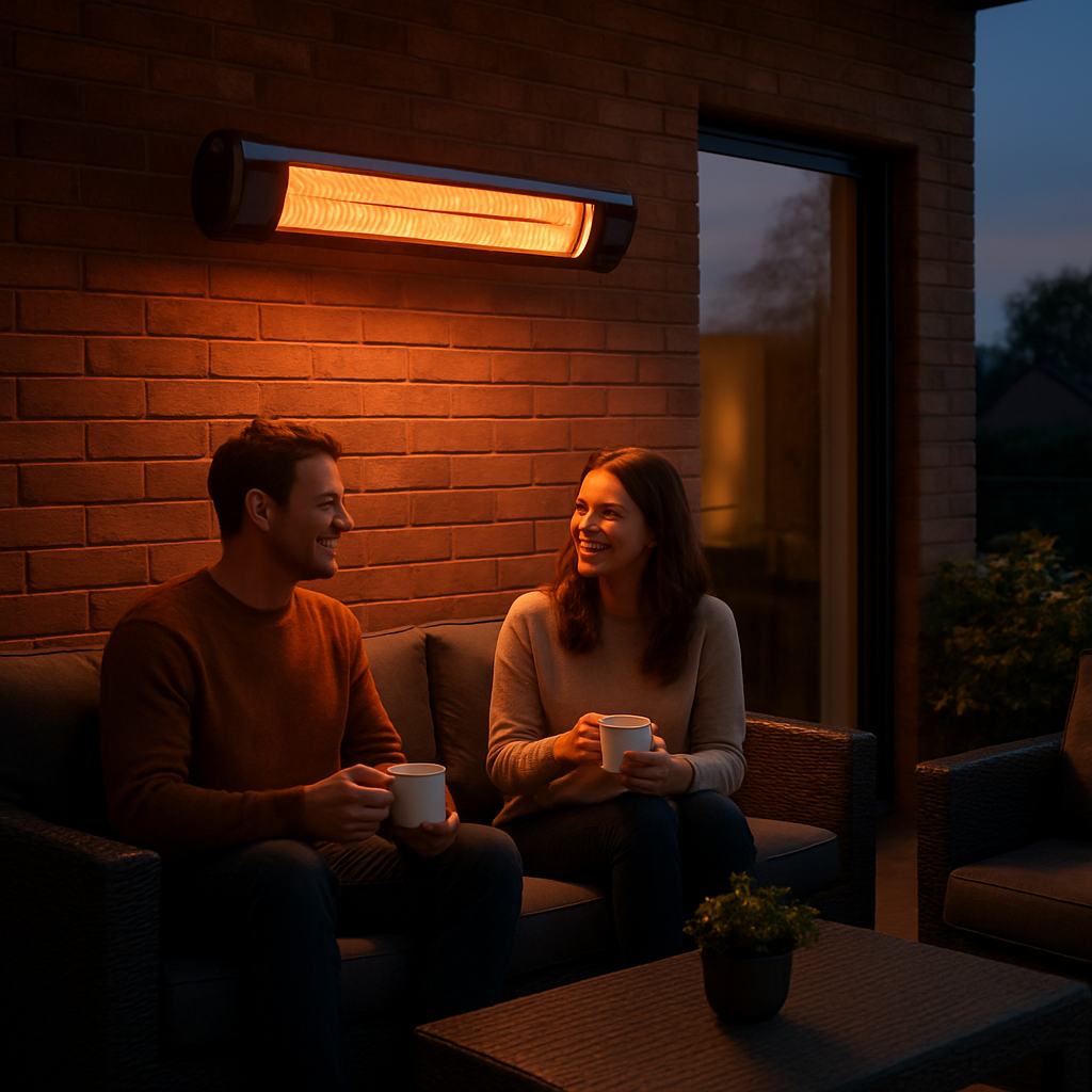 A modern patio with an infrared heater mounted on the wall, warm glow at dusk, people enjoying coffee. Alt: infrarot terrassenheizer mit wifi und fernbedienung im Außenbereich