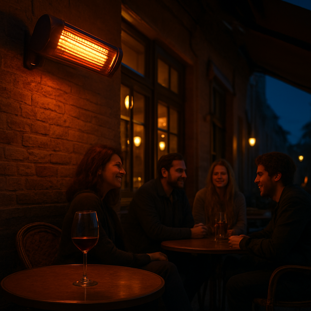 A cozy German terrace at dusk with an infrared heater glowing softly, a glass of wine on a table, and friends chatting. Alt: infrarot terrassenheizer mit wifi und fernbedung, gemütliche Atmosphäre